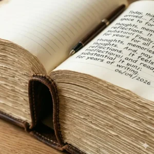 Close-up of the thick stack of cream-colored paper inside a huge journal