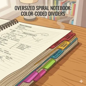 Close-up illustration of a huge spiral notebook featuring colorful plastic dividers for organizing subjects.