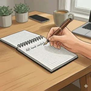 A person writing in a top bound notebook illustrating how the wire binding stays above the hand for left-handed comfort.