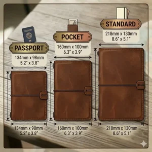 Comparison of different travelers notebook cover sizes including passport, pocket, and standard dimensions.