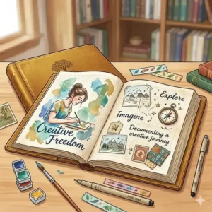 An overhead illustration of a large journal used for art journaling with sketches, stickers, and hand-lettering.