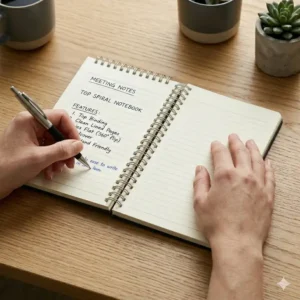 A left-handed person writing comfortably in a top spiral notebook.