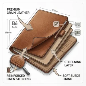 Detailed illustration of the material layers and reinforced stitching of a b6 notebook cover.