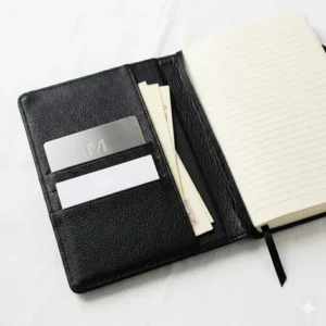 An interior view illustration of a moleskine leather cover highlighting the card slots and secretarial pocket.