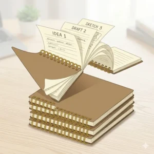 A sequence illustration of a top-bound spiral notebook page being flipped 180 degrees to the back for a seamless writing experience.