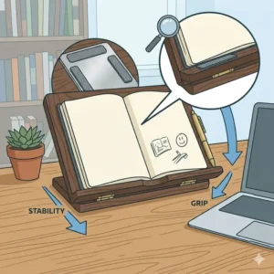 Close-up graphic of an aluminum notebook holder featuring silicone non-slip pads for stability.