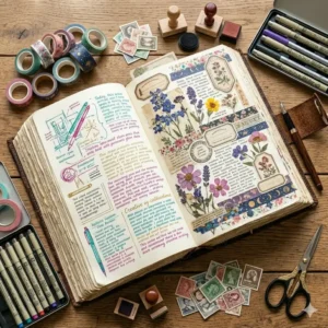 A huge journal used for scrapbooking with stickers, dried flowers, and colorful pens.