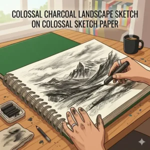 An artist using a huge spiral notebook with heavy-weight paper for a large-scale charcoal landscape sketch.