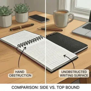 Side-by-side diagram comparing a standard side-bound journal with a top bound notebook layout.