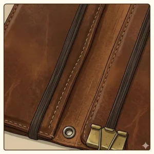 Close-up texture of a distressed brown leather travelers notebook cover showing durable stitching.