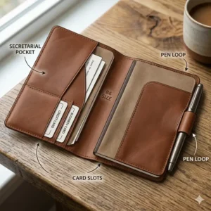 Interior view showing the card slots and secretarial pockets inside a b6 notebook cover.