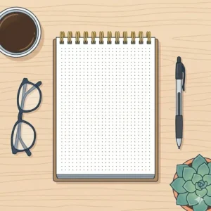 An overhead minimalist illustration of an open top-bound spiral notebook with dot grid paper and a pen resting on the side.