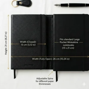 A technical diagram illustrating the specific dimensions of a moleskine leather cover for large notebooks.