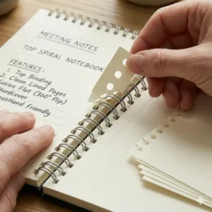 Close-up of a hand tearing a perforated page from a top spiral notebook.