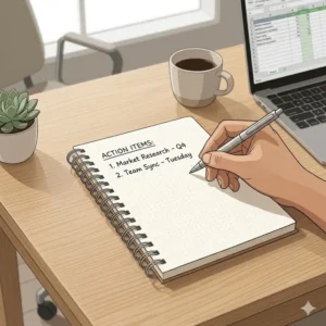 A professional workspace featuring a person writing in a notebook a5 spiral.