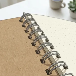 Detailed macro view of the durable metal wire binding on a notebook a5 spiral.