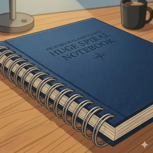 Detail view of the durable waterproof hardcover on a huge spiral notebook in a professional navy blue finish.