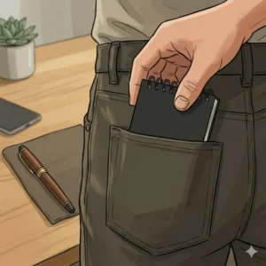 A compact 3x5 top bound notebook being tucked into a back pocket or tactical admin pouch.