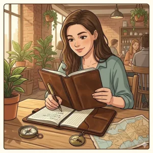 A person using a travelers notebook cover to plan a trip while sitting at a cafe.