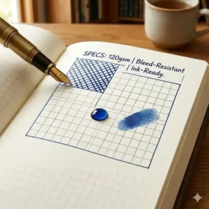 A close-up illustration showing the thick, bleed-resistant paper quality of a large journal being used with various ink pens.