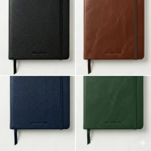 A row of moleskine leather cover options in various colors including chestnut brown and navy blue.