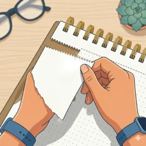 Close-up illustration of a perforated sheet being neatly torn from a top-bound spiral notebook.