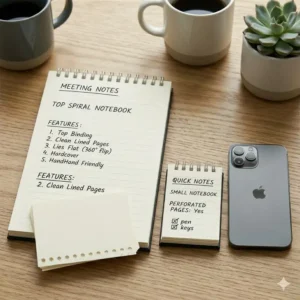 A small pocket-sized top spiral notebook placed next to a smartphone for scale.