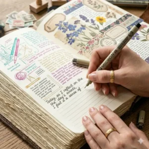 Close-up of hands writing a daily entry in a huge journal for long-term memory keeping.