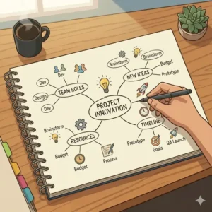 Top-down view of a huge spiral notebook laying perfectly flat while being used for mind mapping.