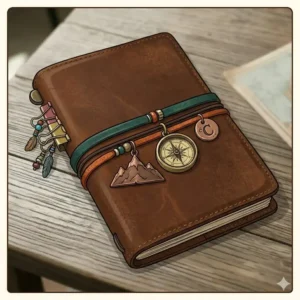 A travelers notebook cover customized with brass charms and colorful elastic closures.