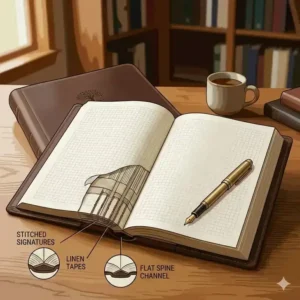 An illustration demonstrating the 180-degree lay-flat binding of a large journal for an easy edge-to-edge writing experience.