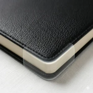 An illustration demonstrating how the moleskine leather cover protects the edges of a notebook from wear.