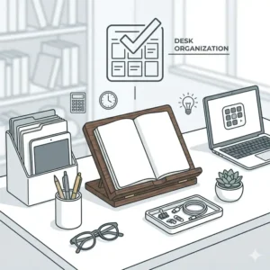 Technical diagram showing the width, height, and adjustable depth of a standard notebook holder.