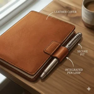 Close-up illustration of the integrated pen loop feature on a leather b6 notebook cover.