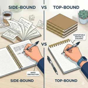 A side-by-side comparison illustration showing a standard side-spiral notebook versus a space-saving top-bound spiral notebook.