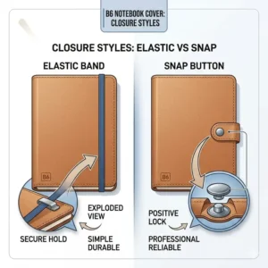 Comparison of elastic band and snap button closure styles for a b6 notebook cover.