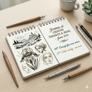 Creative drawings and handwritten notes inside a personalized notebook a5 spiral.
