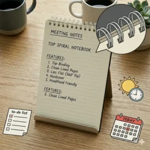 Close-up of the sturdy double-wire binding on a professional top spiral notebook.