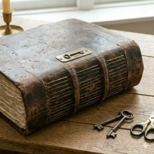 Side view showing the durable stitched binding and thick spine of a huge journal.