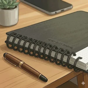 Detailed view of the twin-wire spiral binding at the top of a ruggedized field top bound notebook.