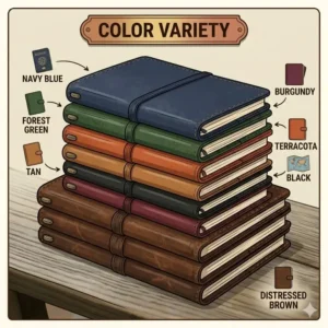 A stack of travelers notebook cover options in various colors including navy blue, forest green, and classic tan.