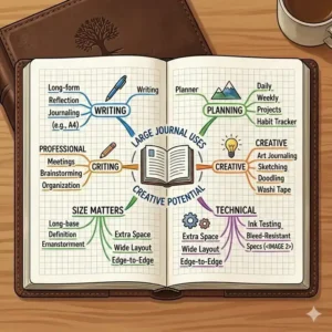 A lifestyle illustration of a large journal tucked into a backpack with art supplies, ready for travel and creative sessions.