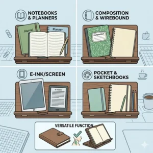 A minimalist line-art illustration showing how a notebook holder saves space on a crowded workstation.