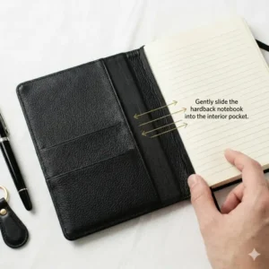 A step-by-step graphic showing how to slide a new notebook into the moleskine leather cover.
