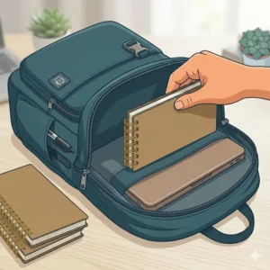 Illustration of a slim top-bound spiral notebook being tucked into a laptop sleeve or backpack pocket.