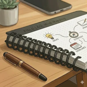 A top bound notebook turned horizontally to show landscape sketching and mind-mapping capabilities.
