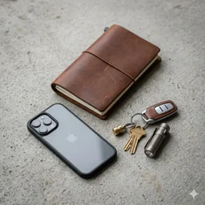 A daily carry setup featuring a travelers notebook cover alongside a phone, keys, and a compact flashlight.