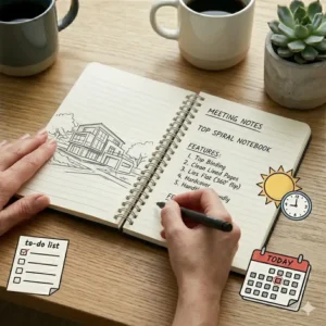 An artist using a top spiral notebook in landscape orientation for architectural sketching.