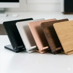 A row of notebook holder products in various colors including matte black, silver, and rose gold.