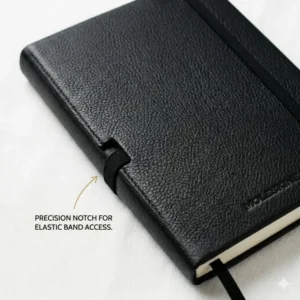 An illustration of a moleskine leather cover featuring a precision notch for the elastic closure band.
